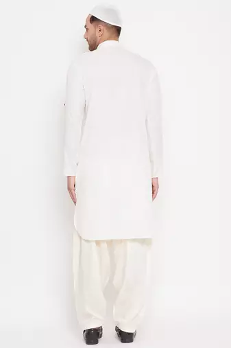  cream and white cotton blend pathani kurta set