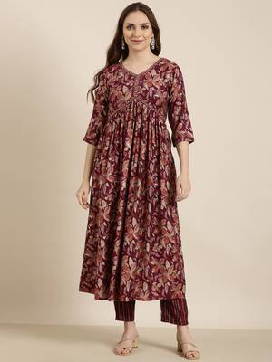 women's v-neck floral foil print purple anarkali kurta and trouser 2