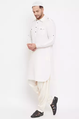  cream and white cotton blend pathani kurta set
