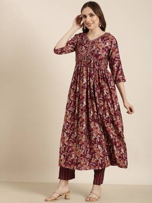 women's v-neck floral foil print purple anarkali kurta and trouser 3