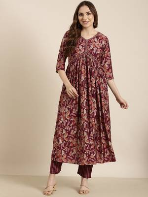 women's v-neck floral foil print purple anarkali kurta and trouser 4