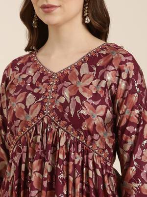 women's v-neck floral foil print purple anarkali kurta and trouser 5