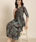 women's v-neck abstract foil print brown anarkali kurta and trouser