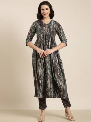 women's v-neck abstract foil print brown anarkali kurta and trouser 2