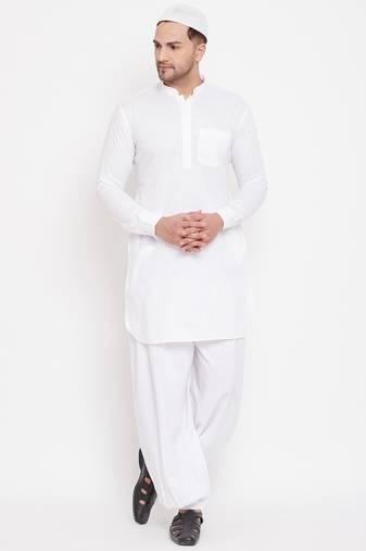 Vastramay men's white cotton linen pathani kurta set