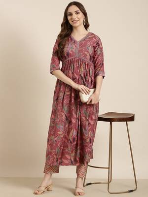women's v-neck floral foil print pink anarkali kurta and trouser 1