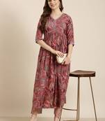 women's v-neck floral foil print pink anarkali kurta and trouser