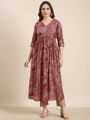 women's v-neck floral foil print pink anarkali kurta and trouser 2
