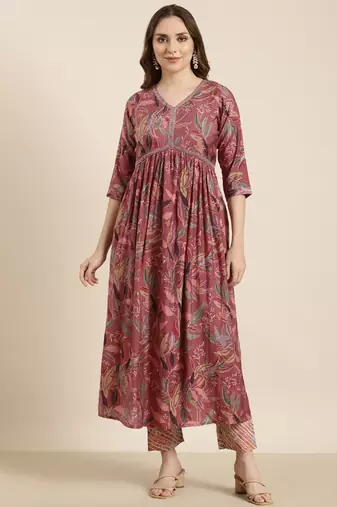 women's v-neck floral foil print pink anarkali kurta and trouser