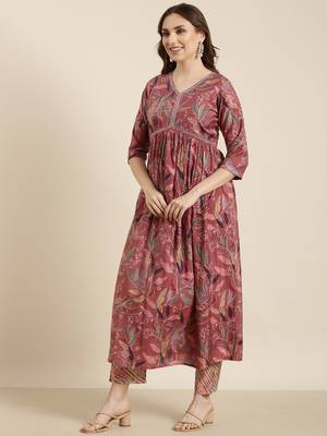 women's v-neck floral foil print pink anarkali kurta and trouser 3