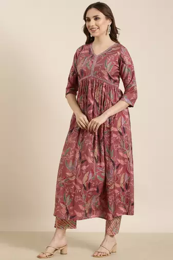 women's v-neck floral foil print pink anarkali kurta and trouser