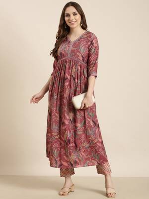 women's v-neck floral foil print pink anarkali kurta and trouser 4