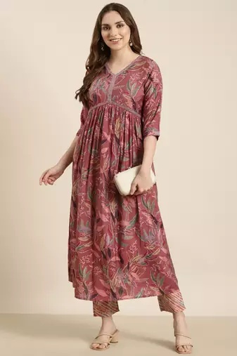 women's v-neck floral foil print pink anarkali kurta and trouser
