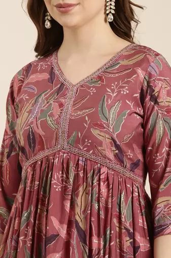 women's v-neck floral foil print pink anarkali kurta and trouser