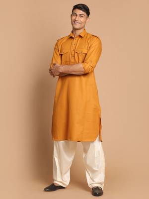 Rust And Cream Cotton Blend Pathani Kurta 1