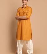 Rust And Cream Cotton Blend Pathani Kurta