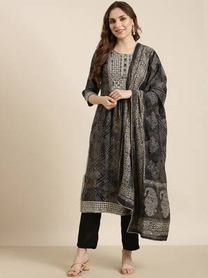 women's round neck bandhani zari black a-line kurta and trouser with dupatta 1