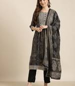 women's round neck bandhani zari black a-line kurta and trouser with dupatta