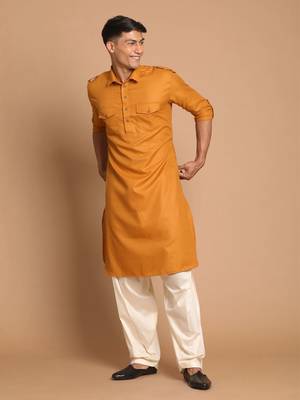Rust And Cream Cotton Blend Pathani Kurta 2