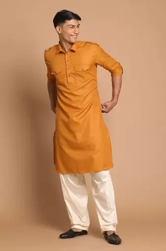 Rust And Cream Cotton Blend Pathani Kurta
