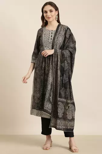 women's round neck bandhani zari black a-line kurta and trouser with dupatta