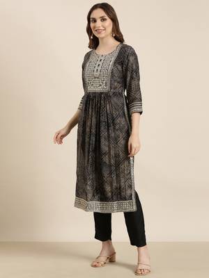 women's round neck bandhani zari black a-line kurta and trouser with dupatta 3