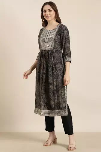 women's round neck bandhani zari black a-line kurta and trouser with dupatta