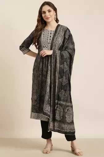 women's round neck bandhani zari black a-line kurta and trouser with dupatta