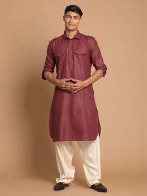 Purple And Cream Cotton Blend Pathani Kurta Set 1