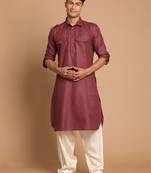 Purple And Cream Cotton Blend Pathani Kurta Set