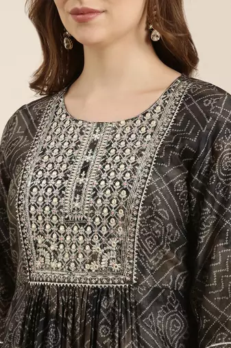 women's round neck bandhani zari black a-line kurta and trouser with dupatta