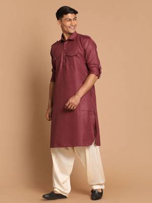 Purple And Cream Cotton Blend Pathani Kurta Set 2