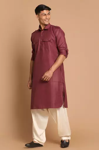 Purple And Cream Cotton Blend Pathani Kurta Set