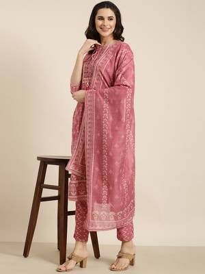 women's round neck ethnic motifs pink straight kurta and trouser with dupatta 1
