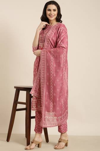 women's round neck ethnic motifs pink straight kurta and trouser with dupatta