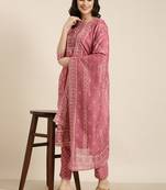 women's round neck ethnic motifs pink straight kurta and trouser with dupatta