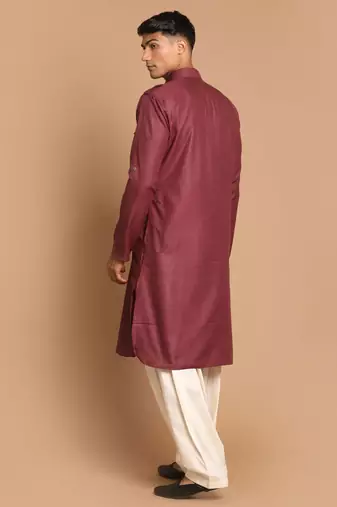 Purple And Cream Cotton Blend Pathani Kurta Set