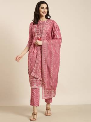women's round neck ethnic motifs pink straight kurta and trouser with dupatta 2