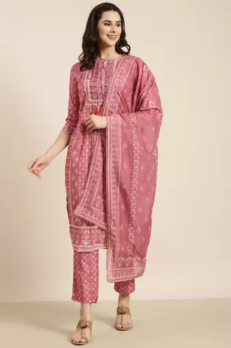 women's round neck ethnic motifs pink straight kurta and trouser with dupatta