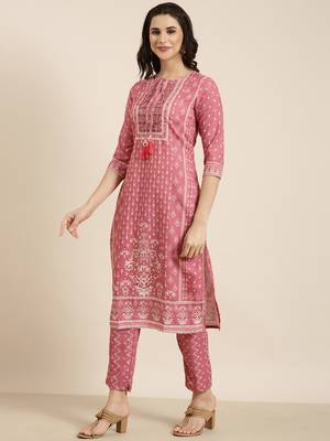 women's round neck ethnic motifs pink straight kurta and trouser with dupatta 3