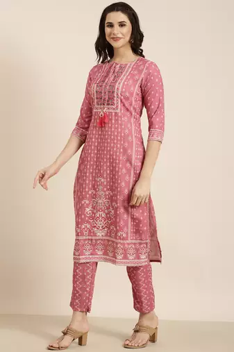 women's round neck ethnic motifs pink straight kurta and trouser with dupatta