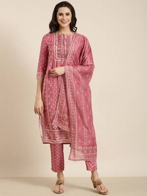 women's round neck ethnic motifs pink straight kurta and trouser with dupatta 4