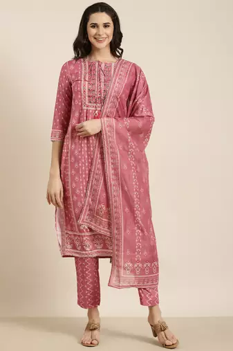 women's round neck ethnic motifs pink straight kurta and trouser with dupatta