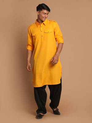 Mustard And Black Cotton Blend Pathani Kurta Set 1