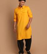 Mustard And Black Cotton Blend Pathani Kurta Set