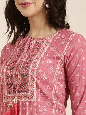 women's round neck ethnic motifs pink straight kurta and trouser with dupatta 5