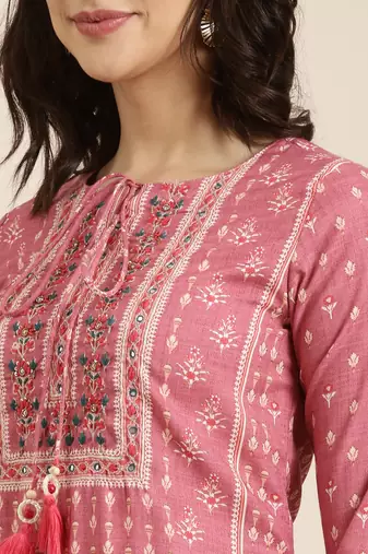 women's round neck ethnic motifs pink straight kurta and trouser with dupatta