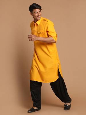 Mustard And Black Cotton Blend Pathani Kurta Set 2