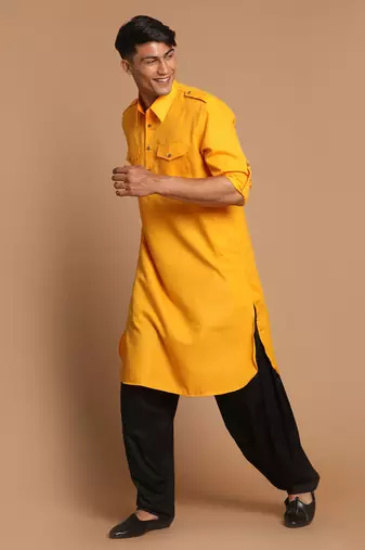 Mustard And Black Cotton Blend Pathani Kurta Set