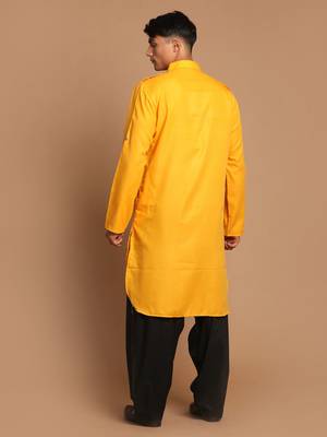 Mustard And Black Cotton Blend Pathani Kurta Set 3